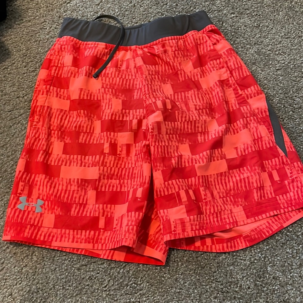 UnderArmour Fitted Mens Running Shorts with built in underwear - bright orange